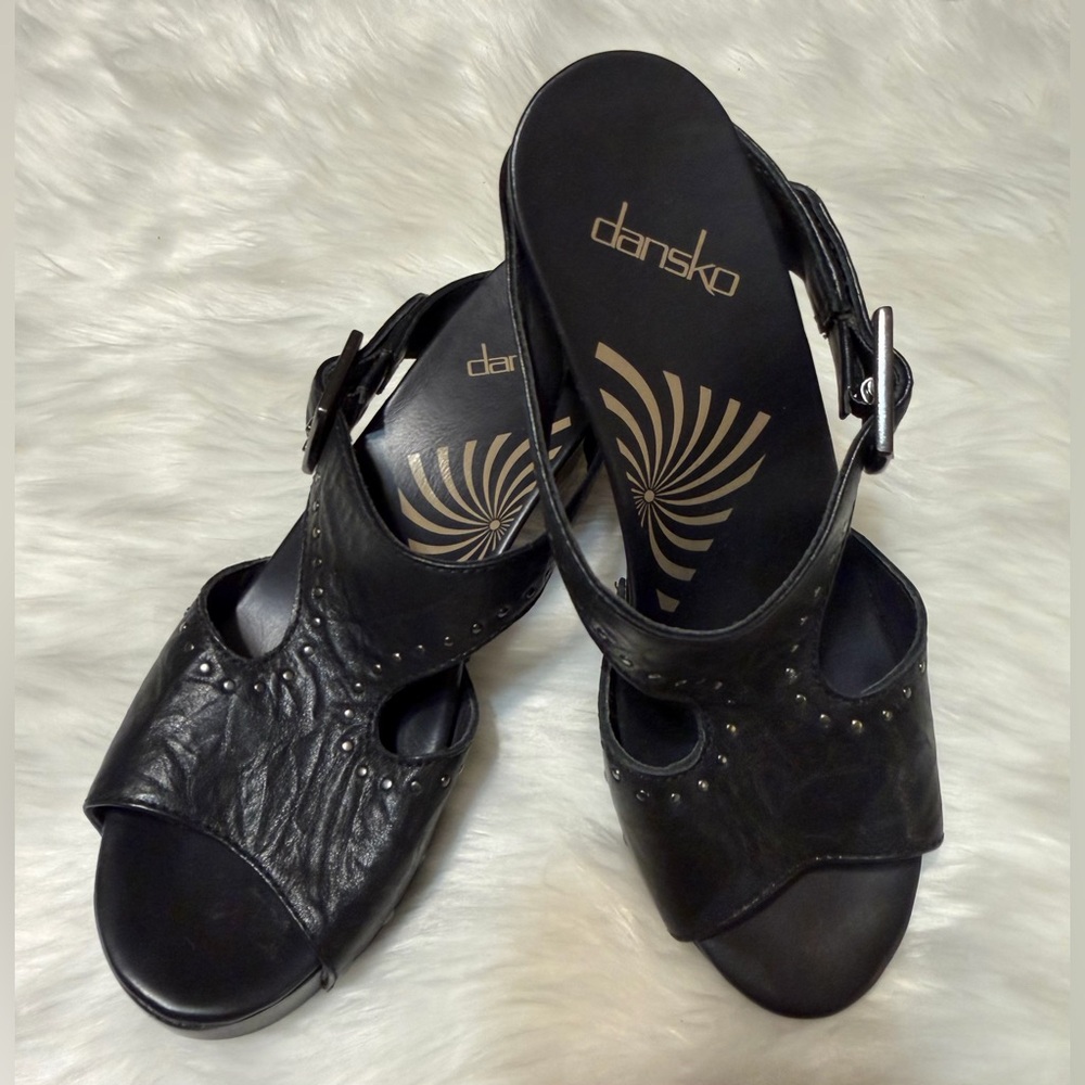 Dansko Black Leather Studded Open-Toe Slingback Clogs